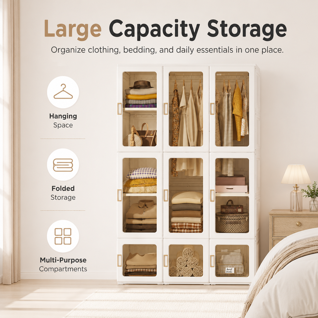 Portable Transparent Wardrobe Organizer with Magnetic Doors