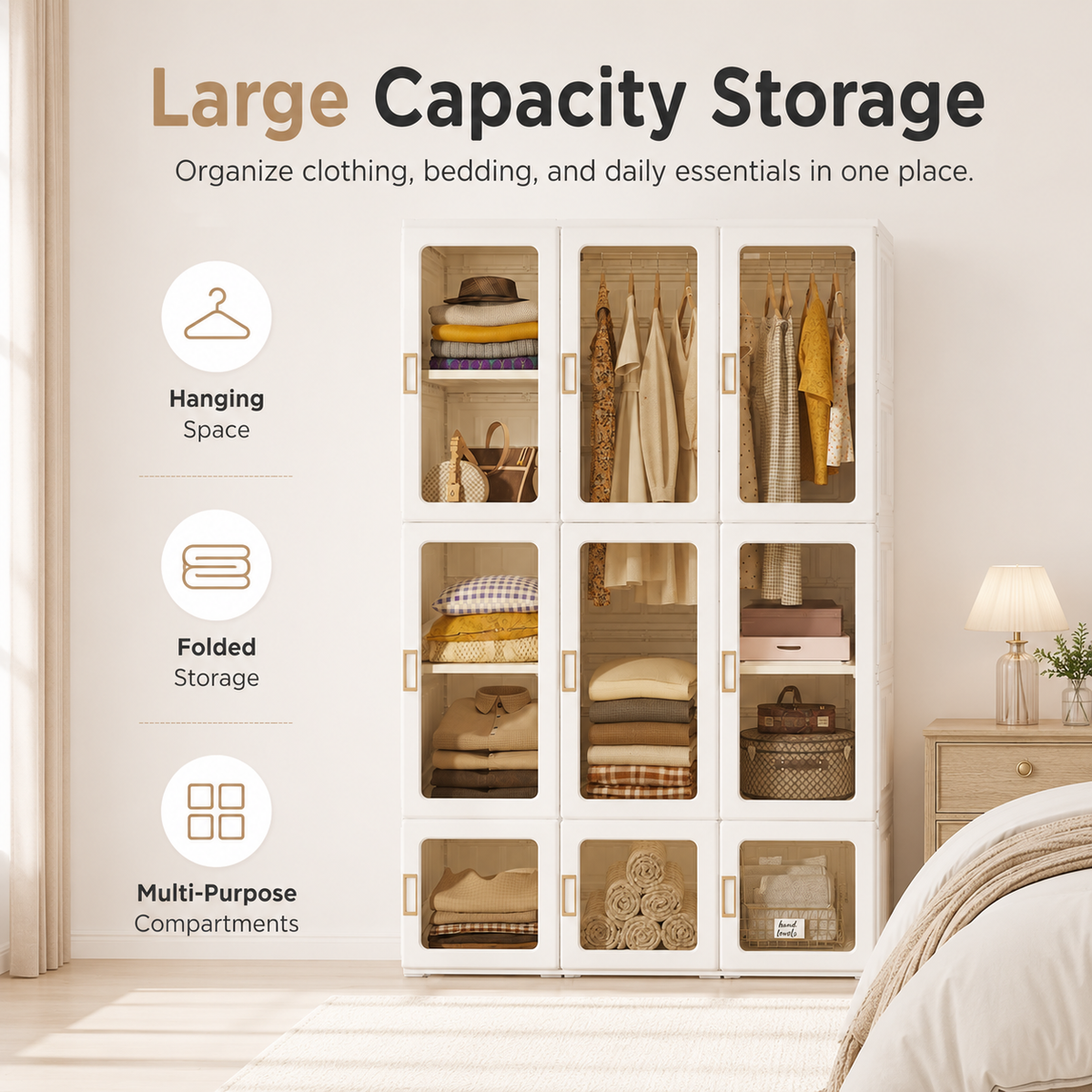 Portable Transparent Wardrobe Organizer with Magnetic Doors